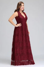 A-Line V-neck Floor Length Sleeveless Plus size Lace Burgundy Evening Dresses