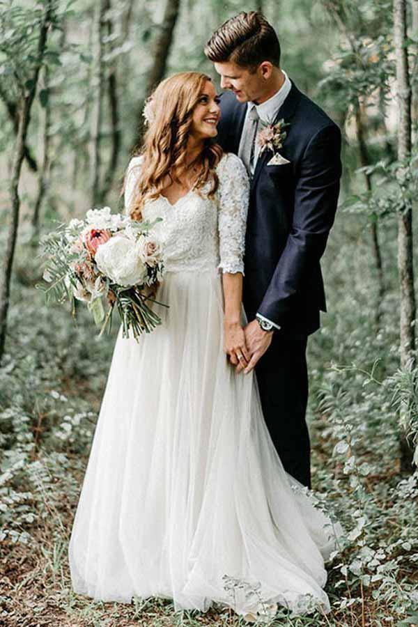 A-Line V-Neck Half Sleeves Backless Tulle Wedding Dress with Appliques