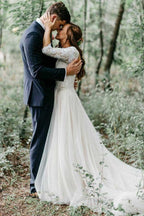 A-Line V-Neck Half Sleeves Backless Tulle Wedding Dress with Appliques