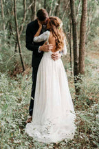 A-Line V-Neck Half Sleeves Backless Tulle Wedding Dress with Appliques