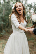 A-Line V-Neck Half Sleeves Backless Tulle Wedding Dress with Appliques