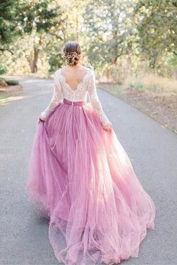 A-Line V-Neck Long Sleeves Pink Tulle Wedding Dress with Lace Appliques