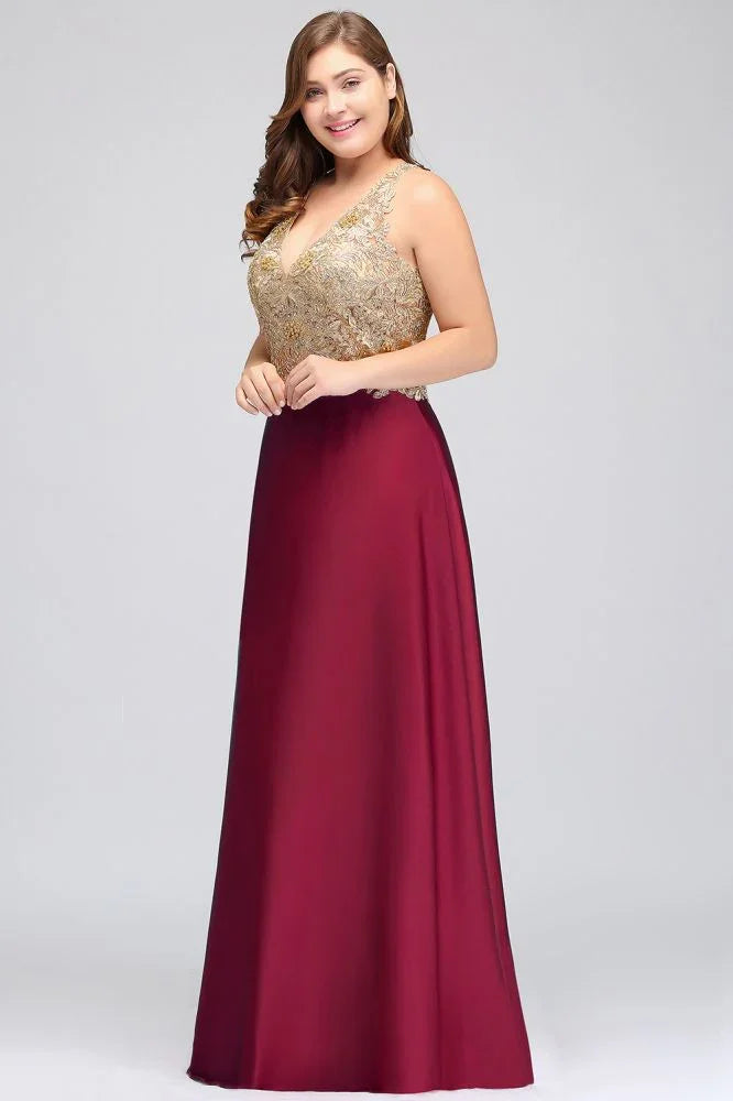 A-Line V-neck Plus size Long Sleeveless Evening Dresses with Appliques