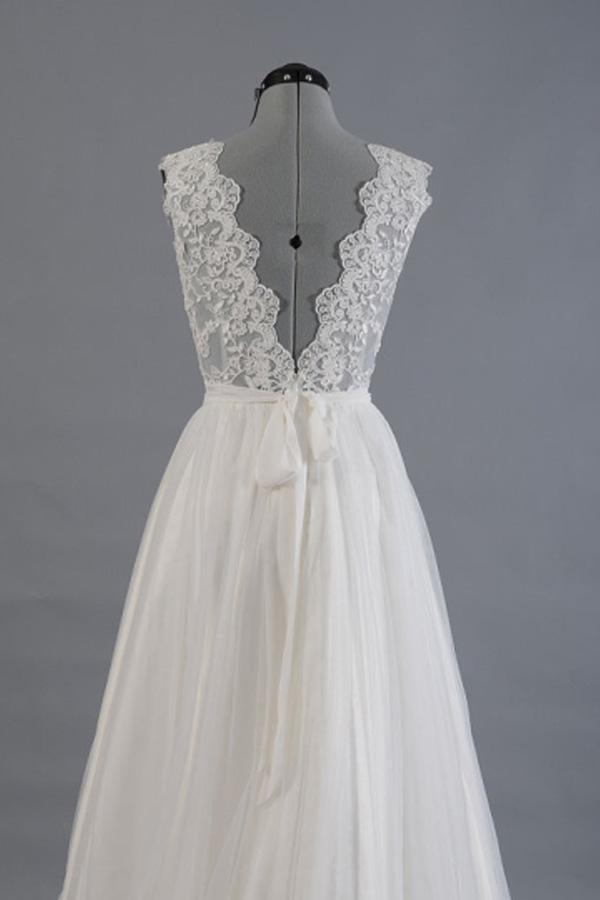 A-line V-Neck Sashes Appliques Beach Wedding Dress