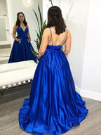 A-line V Neck Satin Long Prom Dresses with Pockets Royal Blue Backless Formal Evening Gowns