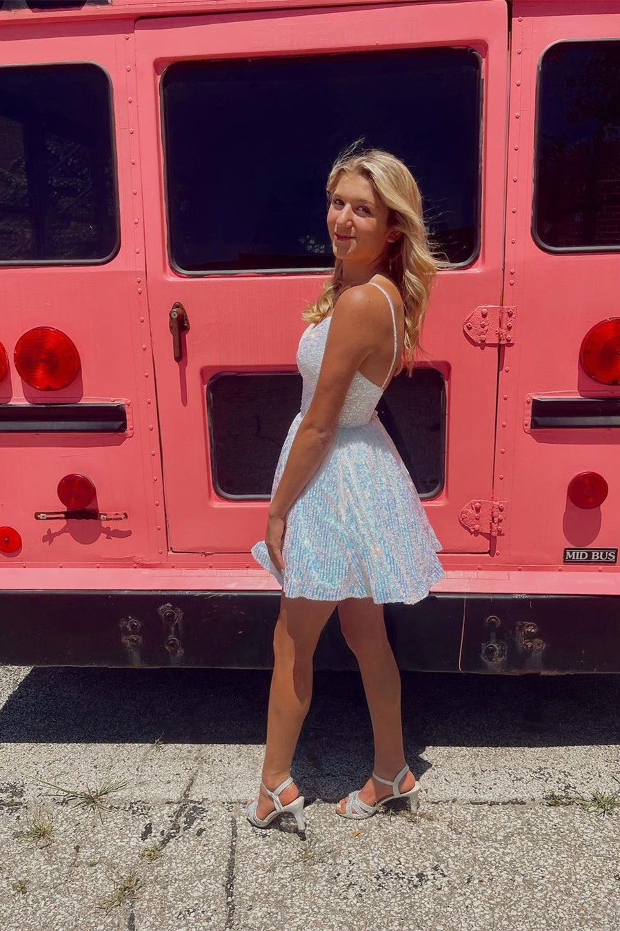 A-line V-neck Spaghetti Straps Sleeveless Sequined Homecoming Dresses