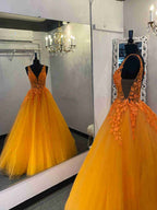 A-line V-neck Tulle Lace Backless Formal Prom Dresses Long Graduation Dress