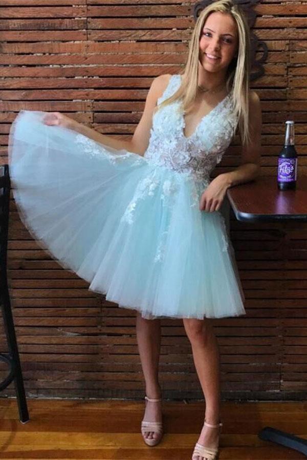 A-line V Neck Tulle Short Pink and White Homecoming Dress Short Prom Dress