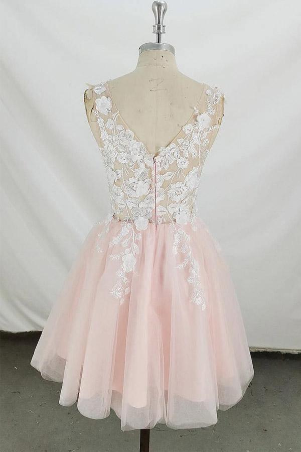 A-line V Neck Tulle Short Pink and White Homecoming Dress Short Prom Dress