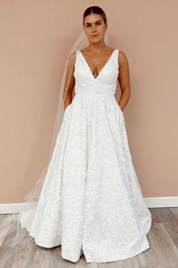 A Line V Neckline Floral Lace  Illustion Back Court Train Wedding Dress