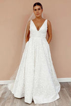 A Line V Neckline Floral Lace  Illustion Back Court Train Wedding Dress