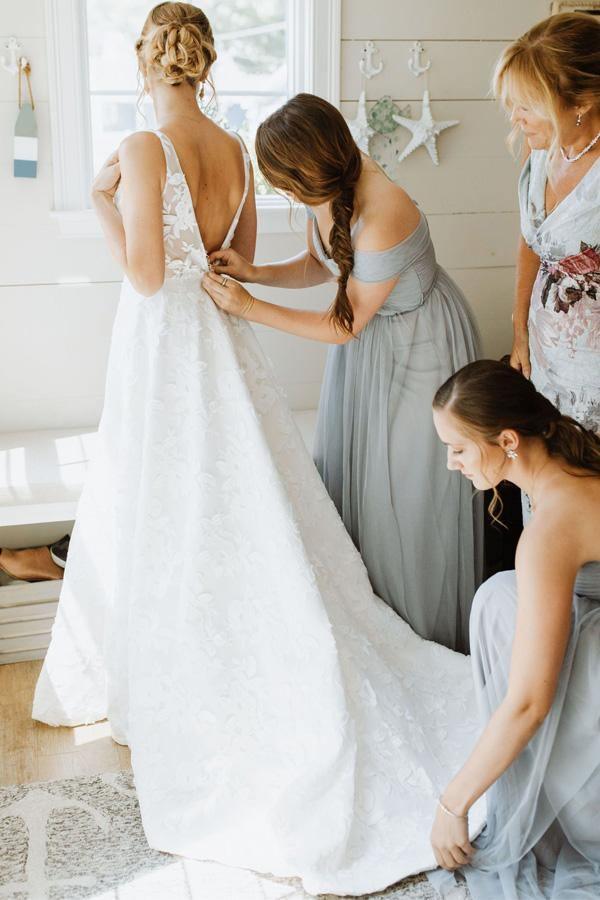 A Line V Neckline Floral Lace  Illustion Back Court Train Wedding Dress