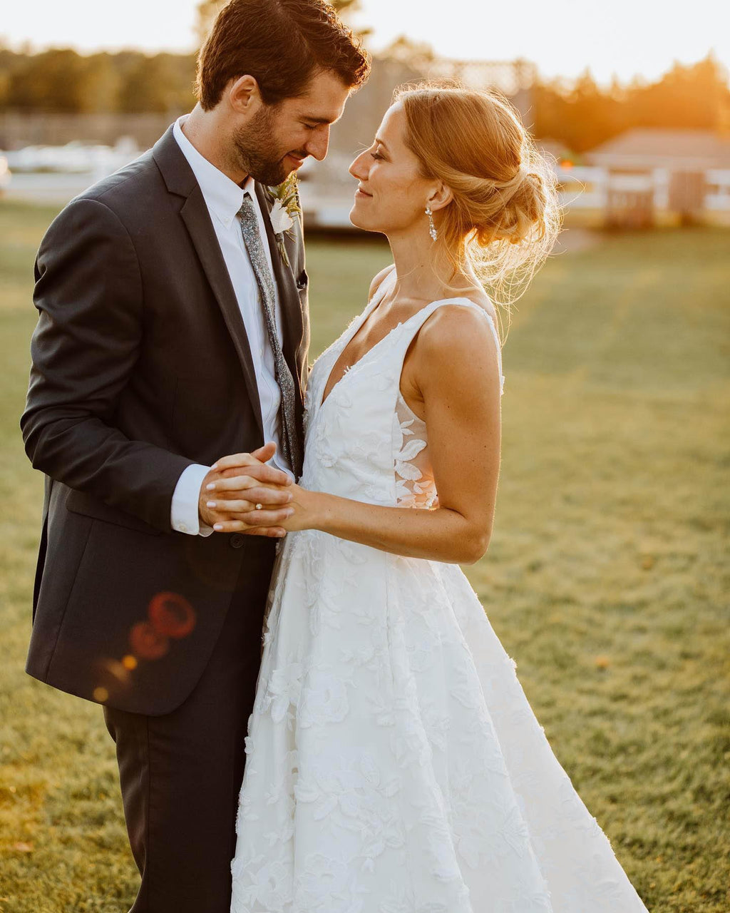 A Line V Neckline Floral Lace  Illustion Back Court Train Wedding Dress