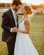 A Line V Neckline Floral Lace  Illustion Back Court Train Wedding Dress