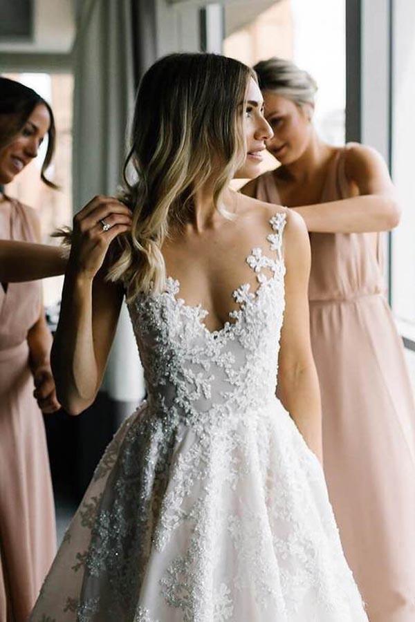 A-line Vintage Lace Wedding Gowns  Illusion Neck Wedding Dresses