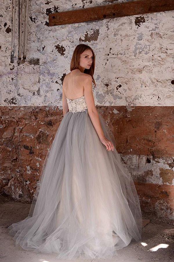 A-line White Lace  Grey Tulle Strapless Sweetheart Neck Wedding Dress
