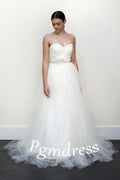 A-line White Lace  Grey Tulle Strapless Sweetheart Neck Wedding Dress