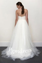 A-line White Lace  Grey Tulle Strapless Sweetheart Neck Wedding Dress