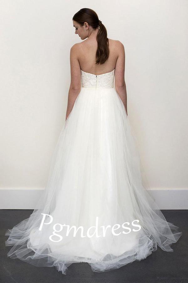 A-line White Lace  Grey Tulle Strapless Sweetheart Neck Wedding Dress