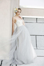 A-line White Lace  Grey Tulle Strapless Sweetheart Neck Wedding Dress