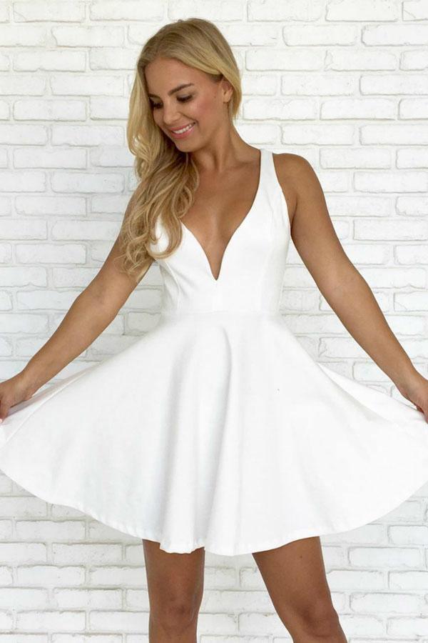 A-line White Straps Satin Backless Short Prom Dress Homecoming Dress