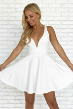 A-line White Straps Satin Backless Short Prom Dress Homecoming Dress