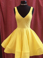 A-line Yellow Satin Short Prom Dress Homecoming Dress Short Prom Dresses