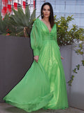A-Line/Elegant 3D Chiffon Ruffles V-neck Long Sleeves Prom Dresses