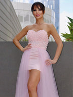 A-Line/Elegant Hand-Made Flower Tulle Sleeveless Sweetheart Prom Dresses