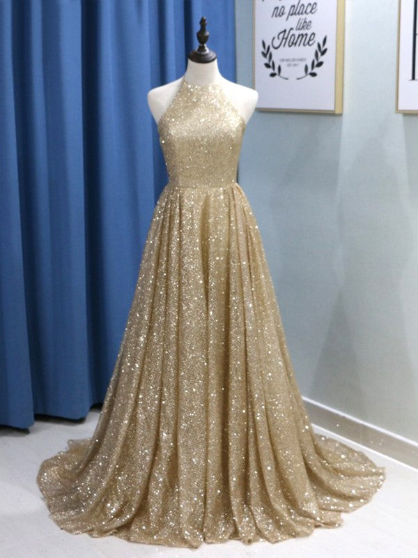A-Line/Elegant Sleeveless Jewel Ruffles Sequins Prom Dresses