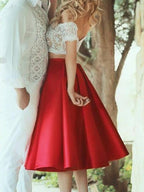 A-Line/Elegant Sleeveless Off-the-Shoulder Satin Lace Knee-Length Two Piece Prom Dresses