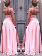 A-Line/Elegant Sleeveless Straps Floor-Length Ruched Silk like Satin Prom Dresses