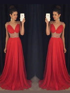 A-Line/Elegant Sleeveless V-neck Beading Floor-Length Chiffon Prom Dresses
