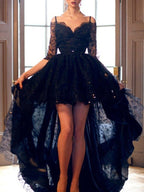 A-Line/Elegant Spaghetti Straps Sleeveless High Low Lace Prom Dresses
