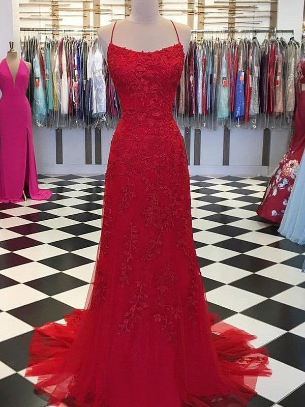 A-Line/Elegant Tulle Applique Spaghetti Straps Sleeveless Prom Dresses