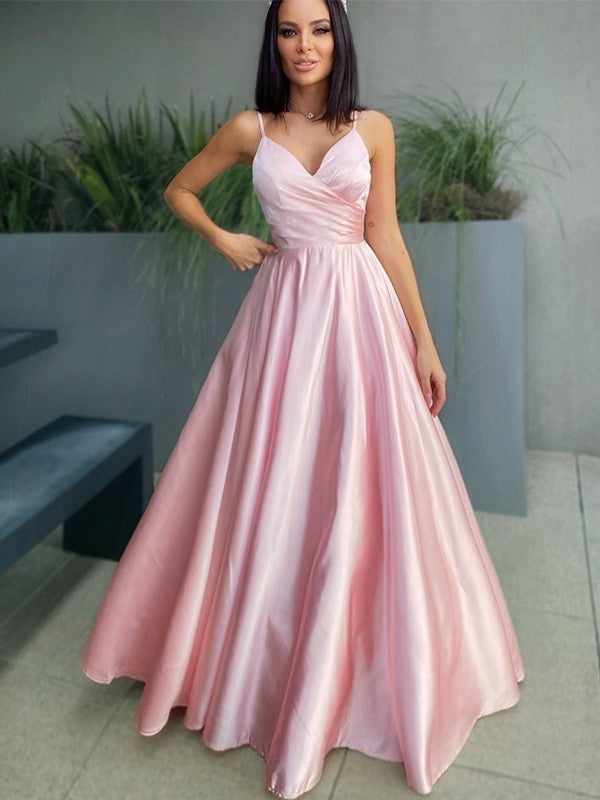 A-Line/Elegant V-neck Satin Ruched Sleeveless Floor-Length Prom Dresses