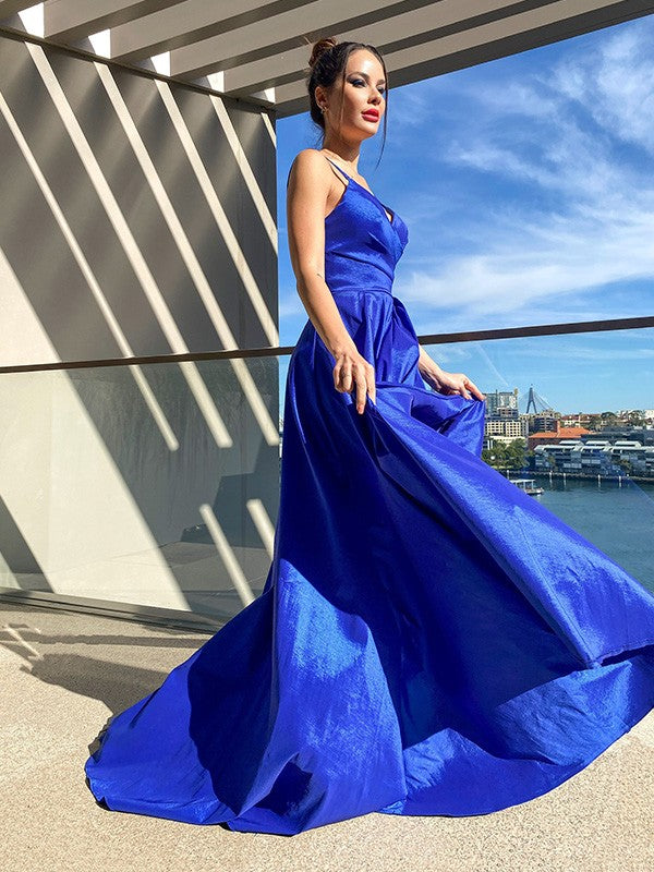 A-Line/Elegant V-neck Taffeta Ruffles Sleeveless Asymmetrical Prom Dresses