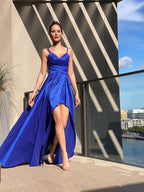 A-Line/Elegant V-neck Taffeta Ruffles Sleeveless Asymmetrical Prom Dresses