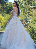 A-Line/Princess Applique Tulle Sleeveless V-neck Sweep Train Dresses