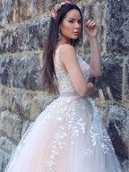 A-Line/Princess Applique Tulle Sleeveless V-neck Sweep Train Dresses