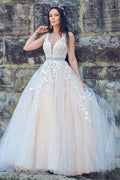 A-Line/Princess Applique Tulle Sleeveless V-neck Sweep Train Dresses