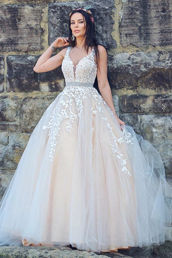 A-Line/Princess Applique Tulle Sleeveless V-neck Sweep Train Dresses