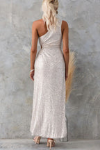 Luxe Landing Sequin One Shoulder Cutout Waist Slit Maxi Dress
