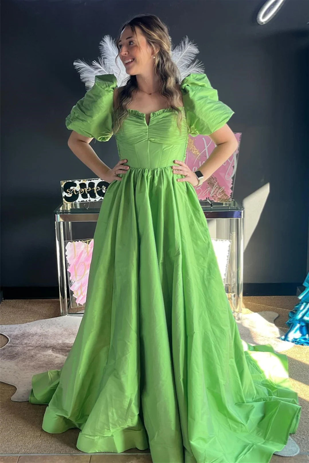 Ruffled Puff Sleeves Satin Long Prom Dress