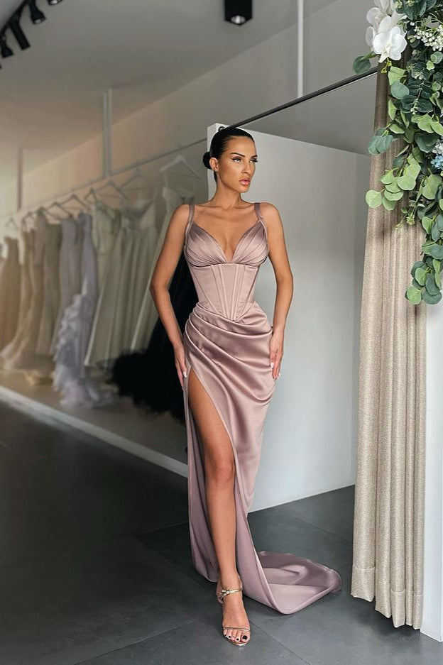 Spaghetti Straps Sleeveless V-Neck Split Prom Dress
