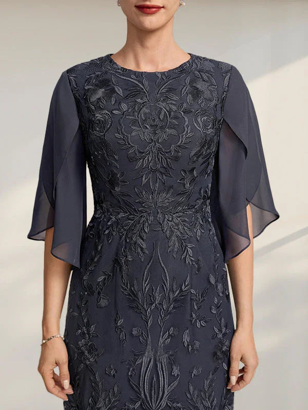Sheath/Column Scoop Tea-Length Lace Chiffon Mother of the Bride Dress