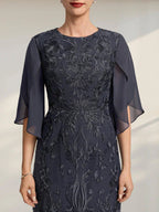 Sheath/Column Scoop Tea-Length Lace Chiffon Mother of the Bride Dress
