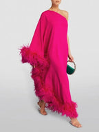 Spring Summer Women Clothing Feather One Shoulder Large Swing Evening Dress – Elegant and Stylish Option for Special Occasions