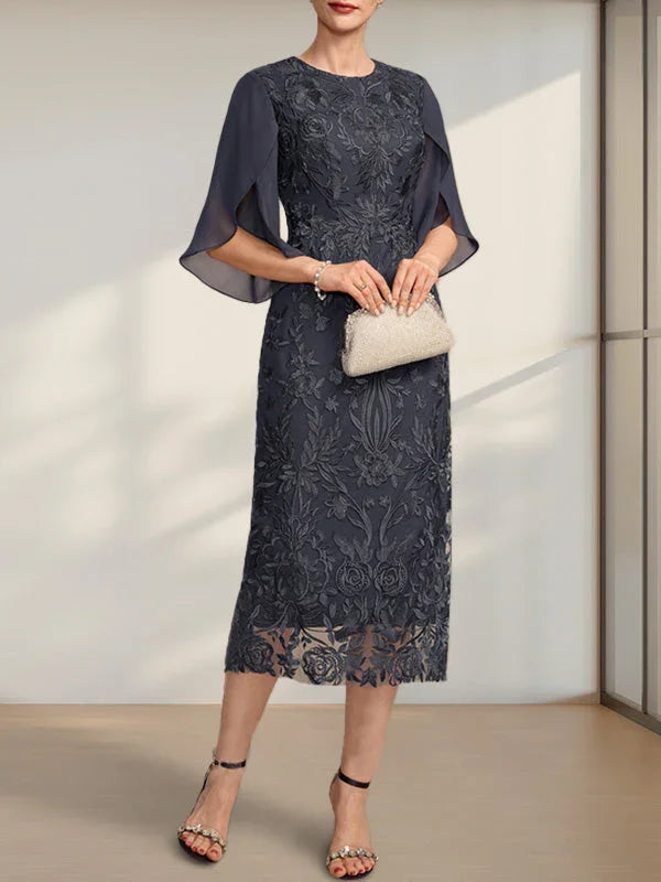 Sheath/Column Scoop Tea-Length Lace Chiffon Mother of the Bride Dress