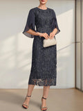 Sheath/Column Scoop Tea-Length Lace Chiffon Mother of the Bride Dress